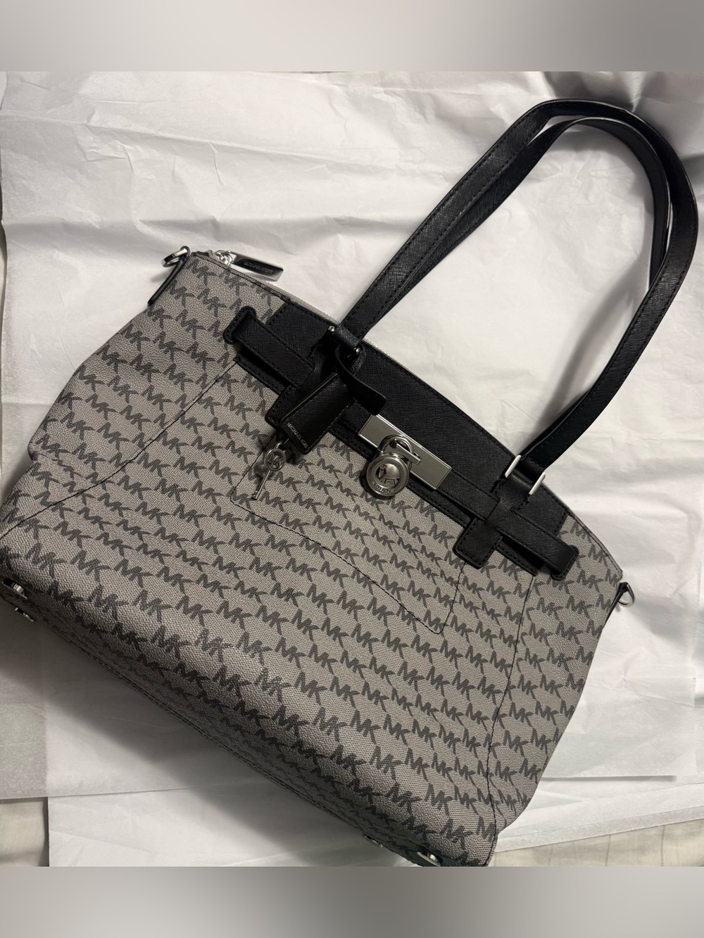 Michael Kors Gray Black Logo Tote, Black Trim Silver Hardware w/Crossbody Strap